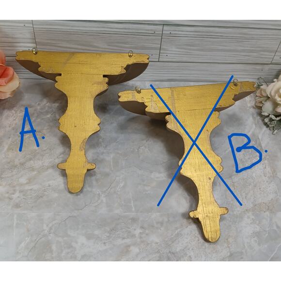 One Vintage Gold Tone Wood Wall Sconce Shelf, 8" Floating Knick Knack Display - Picture 7 of 9